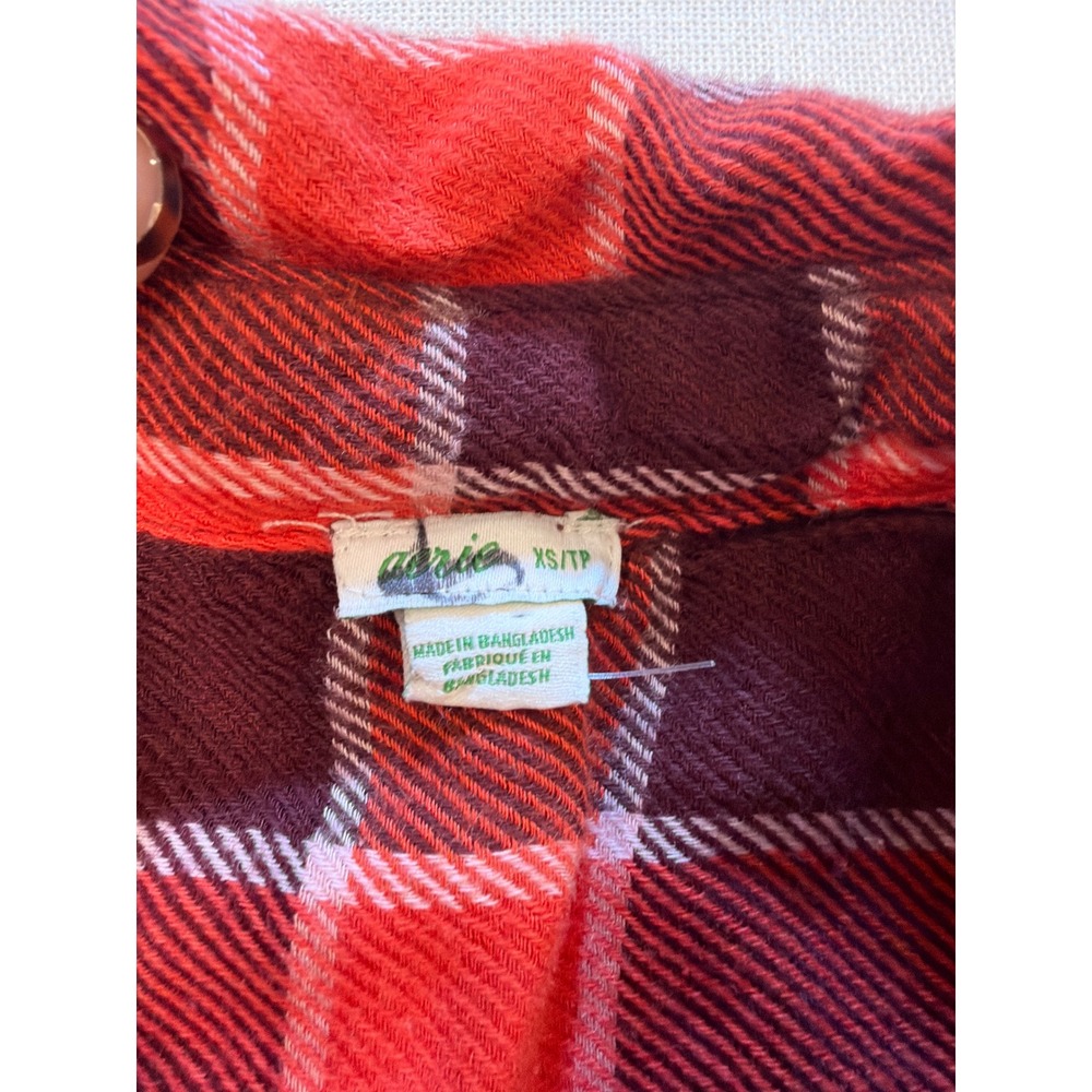 Aerie Red Plaid Flannel Button Down Shirt XS Burgundy Long Sleeve Pocket Top - Picture 4 of 7